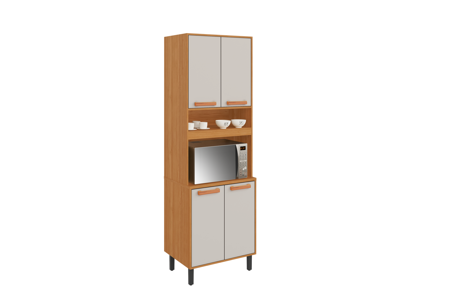 Flat Pack DIY Wooden Kitchen Cupboard/Pantry with 4 Doors + 6 Shelves in White/ Graphite and Cinnamon Finish - Napoles