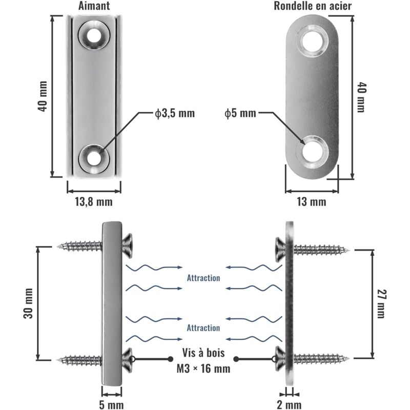 2 pcs Rectangular Neodymium Magnets With Hole 40X13.8X5Mm, 15Kg Force + 2 Steel Washers + 8 Screws Included