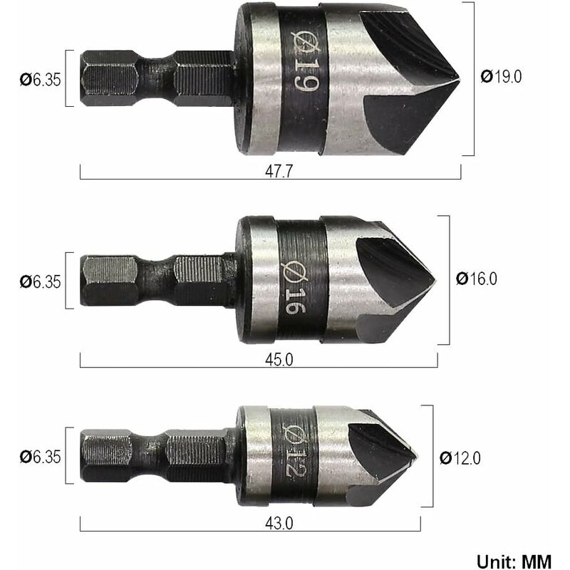 3 pcs 1/4" Hex Hcs Countersink Bit 5 Flute Countersink Drill Bits Countersink Bit 12Mm/16Mm/19Mm For Wood Metal