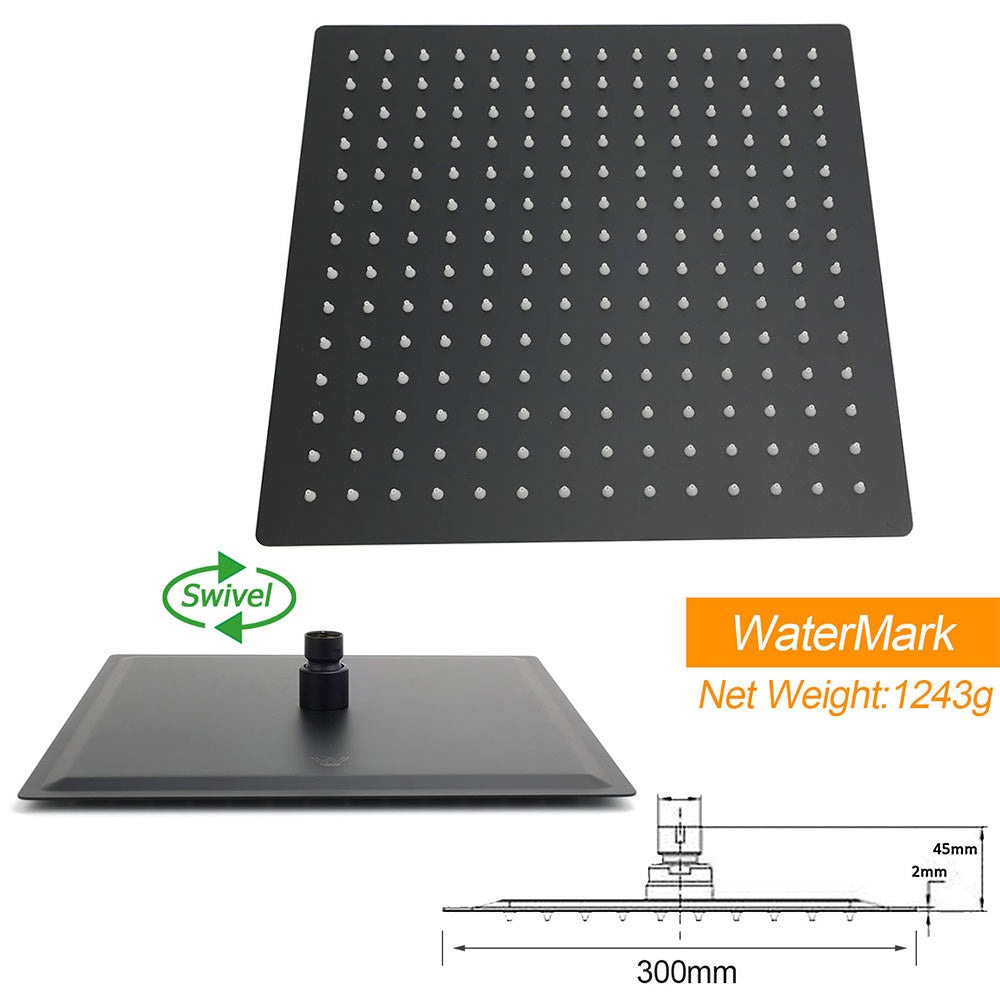 Matt Black 12" Square Large Thin Rain Shower Head Brass Gooseneck Wall Arm Watermark