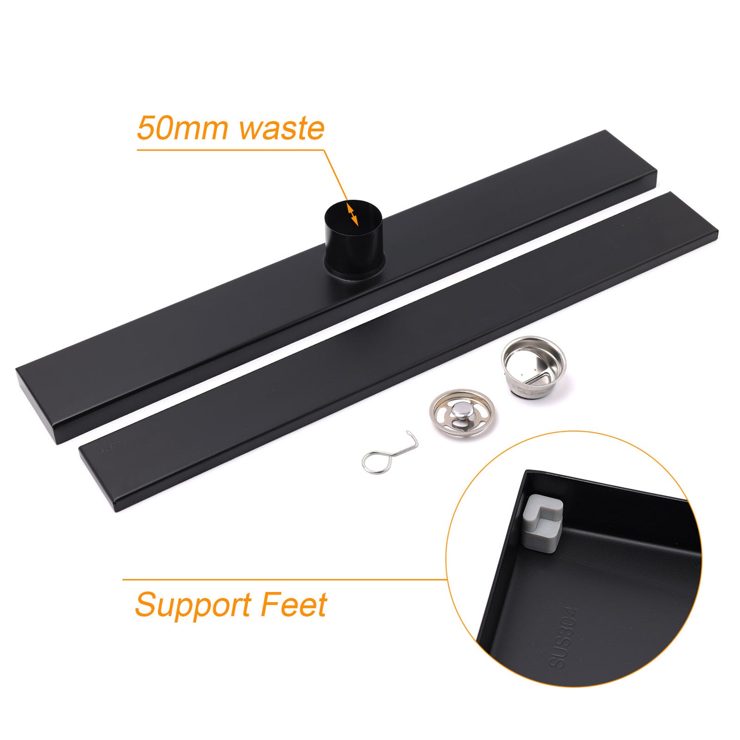WaterMark Matt Black 900mm Tile Insert Shower Grate Floor Drain 50mm Flow Waste