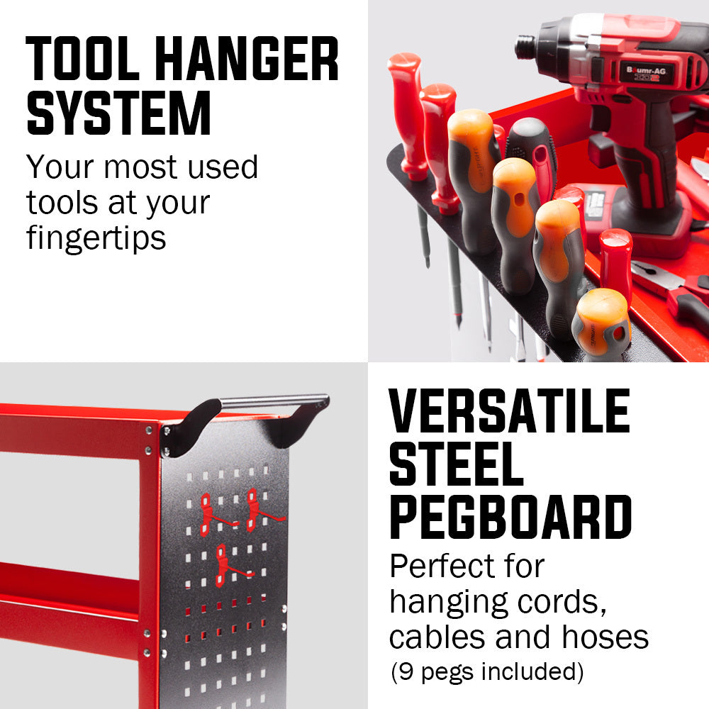 BULLET 3-Tier Steel Tool Trolley Cart for Workshop, Mechanic, with Pegboard, Screwdriver Bay, Red