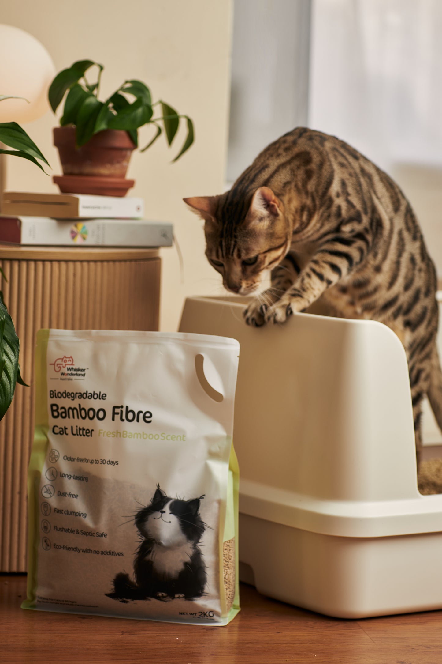 Whisker Wonderland Premium Biodegradable Bamboo Fibre Cat Litter 2KG - Fresh Bamboo Scent | Superior Odour Control, Fast Clumping & Flushable | Pet & Planet Friendly