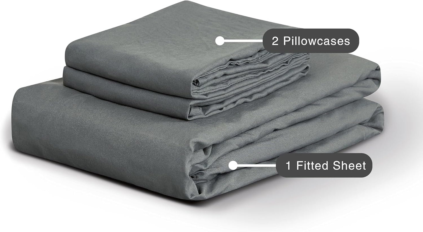 100% Vintage Washed Microfibre Fitted Sheet Set – Ultra Soft & Lightweight All-Season Fitted Sheet with 2 Pillowcases (Grey, Double Size)