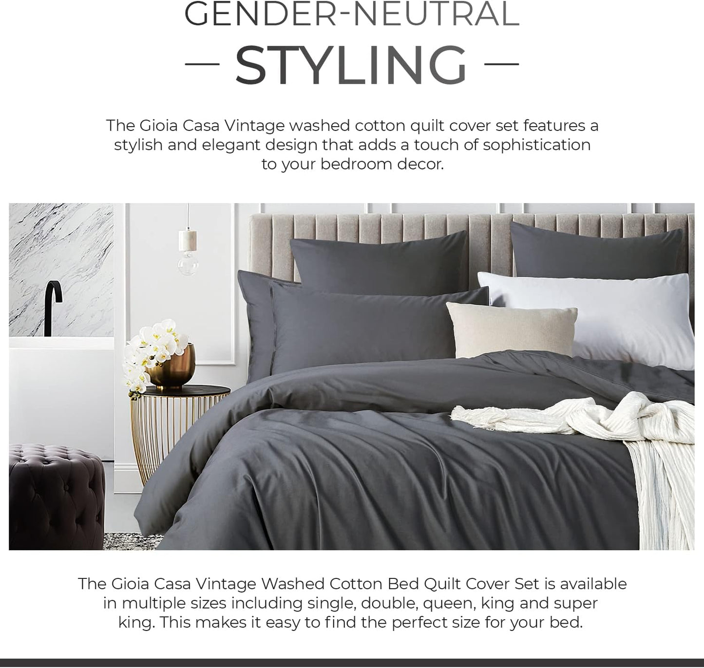 100% Cotton Vintage Washed Bed Quilt Cover Set - Charcoal - Double Size