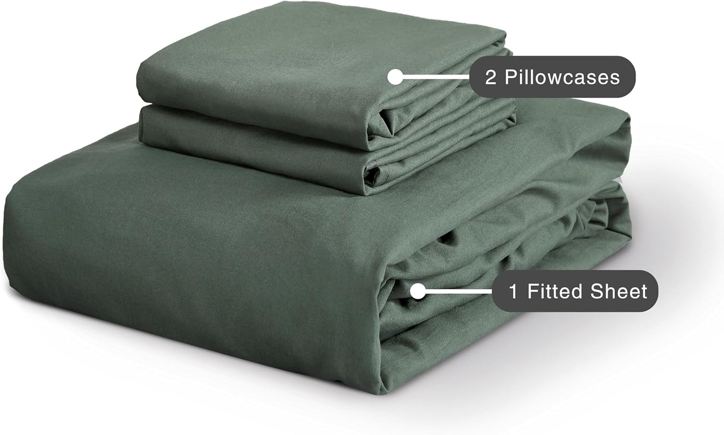100% Vintage Washed Microfibre Fitted Sheet Set – Ultra Soft & Lightweight All-Season Fitted Sheet with 2 Pillowcases (Khaki Green, King Size)