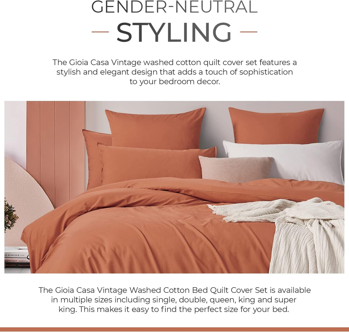 100% Cotton Vintage Washed Bed Quilt Cover Set - Brick - King Size
