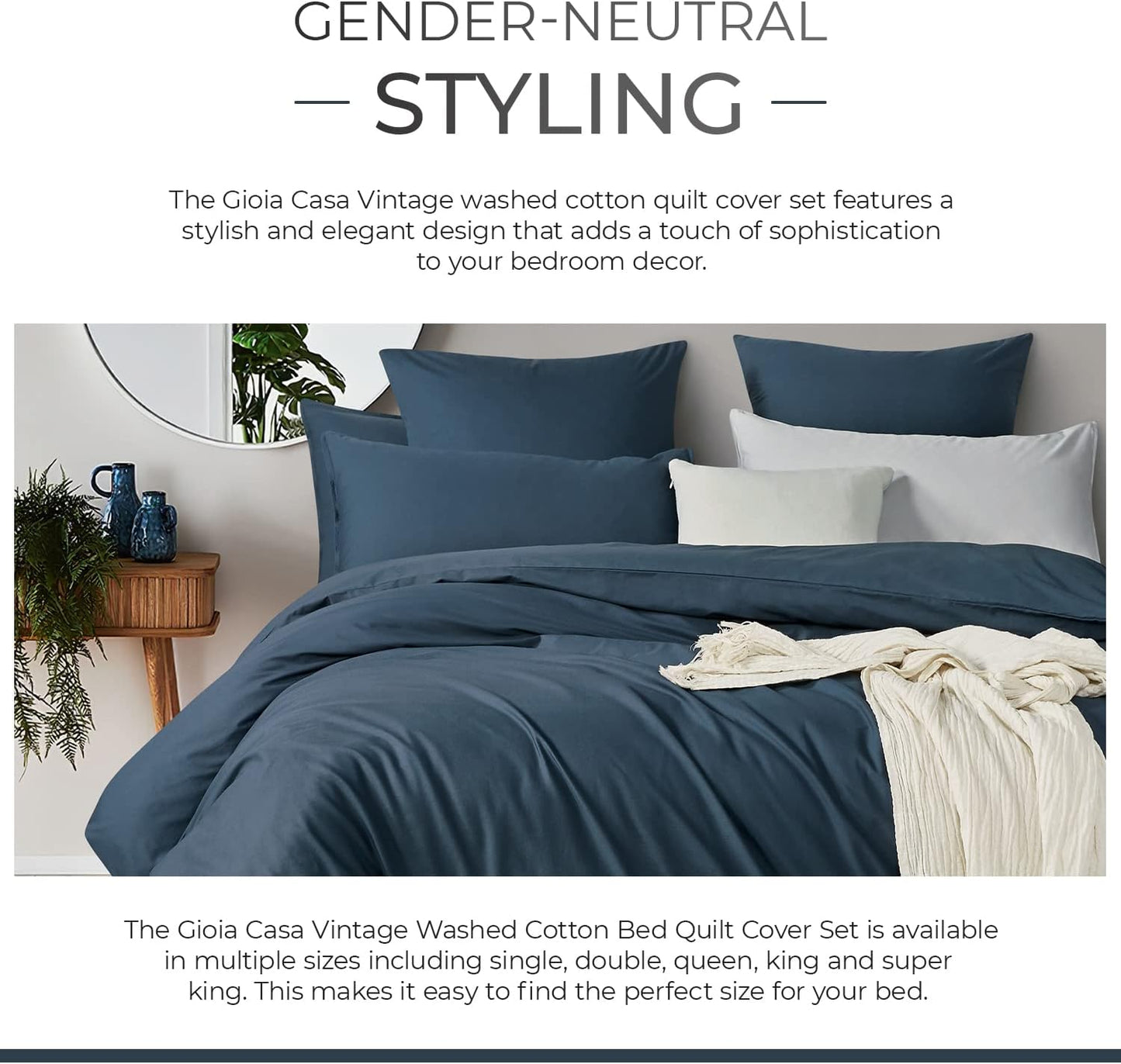 100% Cotton Vintage Washed Bed Quilt Cover Set - Dark Indigo - King Size