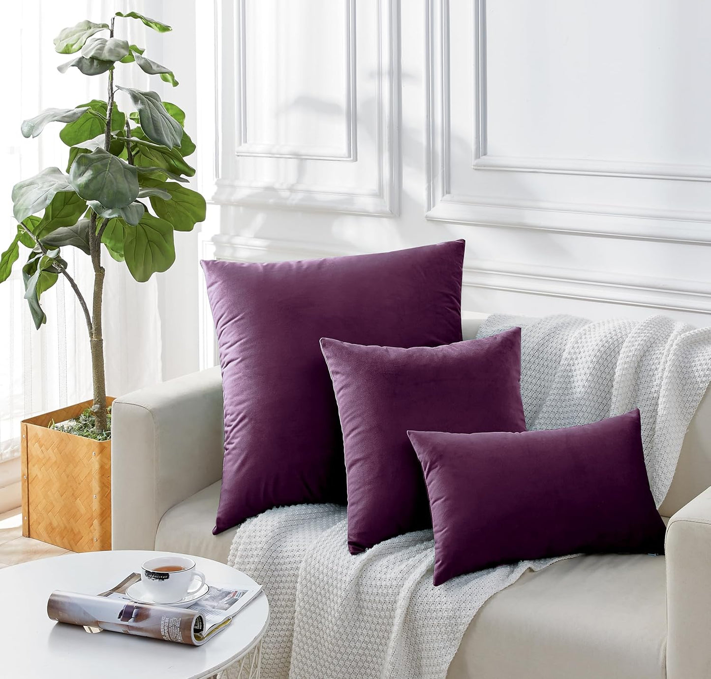 Twin-Pack Velvet Cushion Covers - Soft Microfibre Cushion Covers with Hidden Zipper (Plum, 45cm*45cm)
