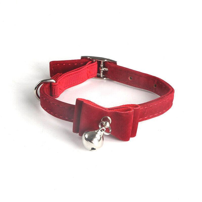 1× Adjustable Suede Cat Collar with Bow Bell Pink Blue Black Red - Red