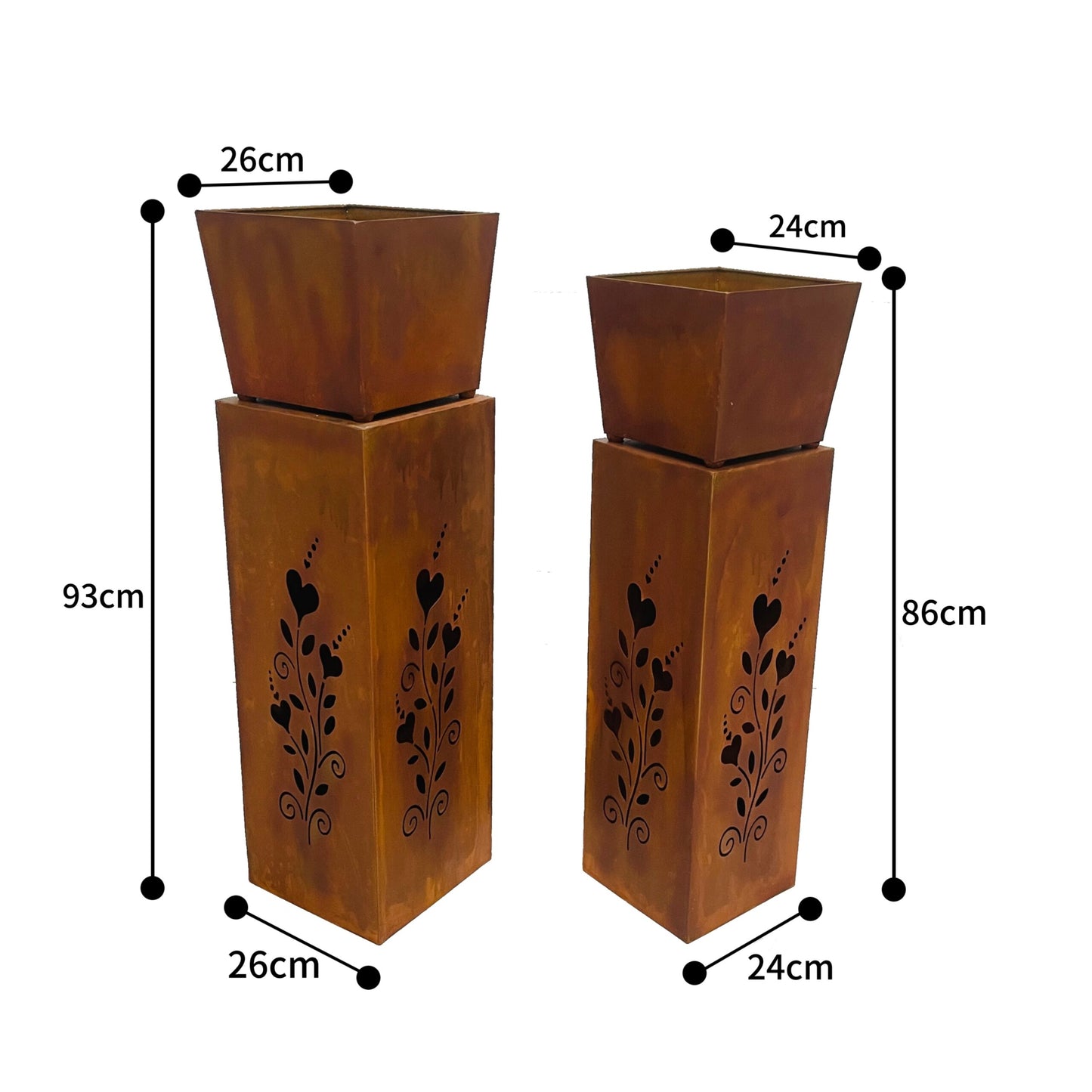 Set 2 Nested Square Pillar Rust 'Hearts' Panters 93cm, 86cm