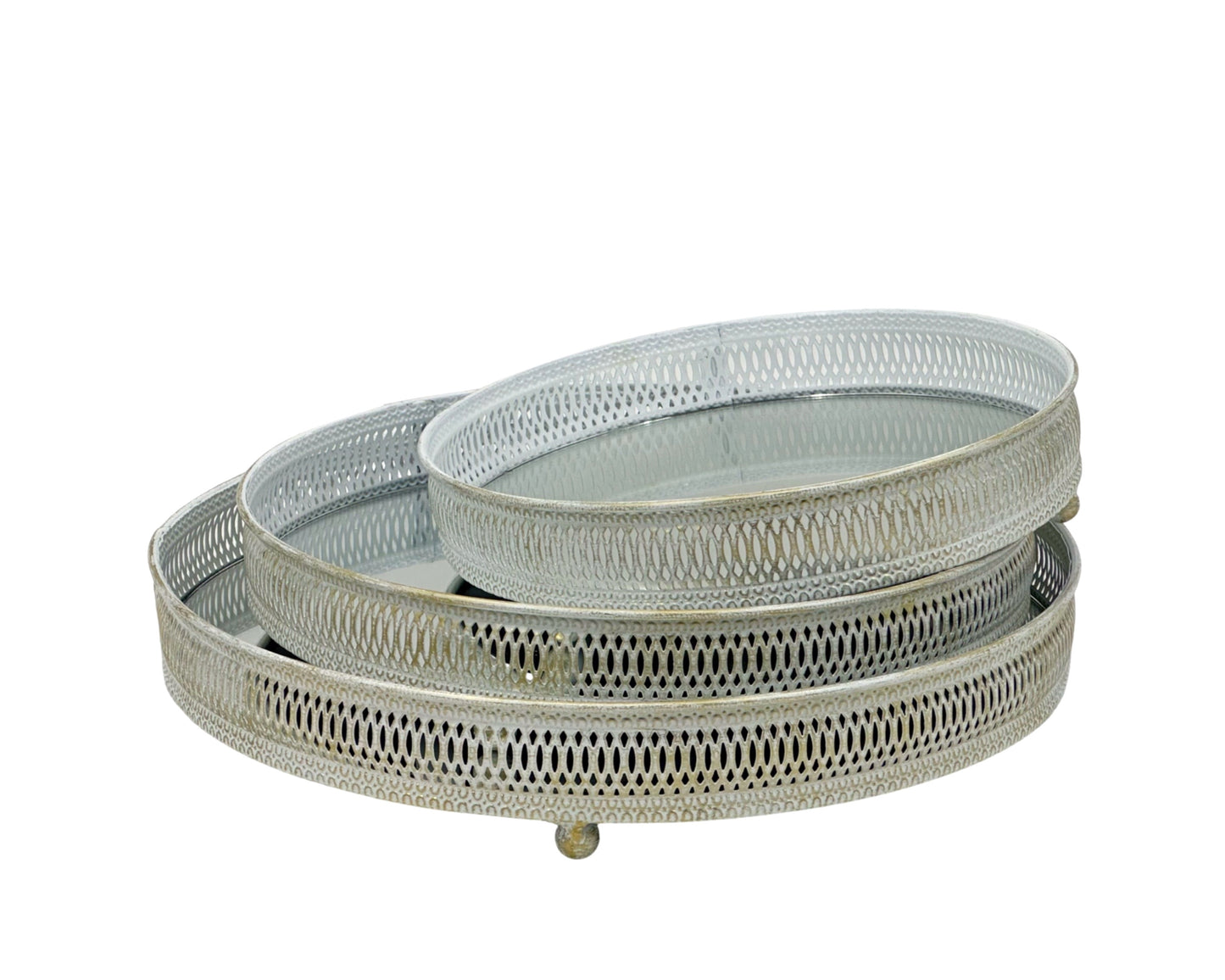 Set 3 White Wash Moroccan Mirror Tray 34x6cm