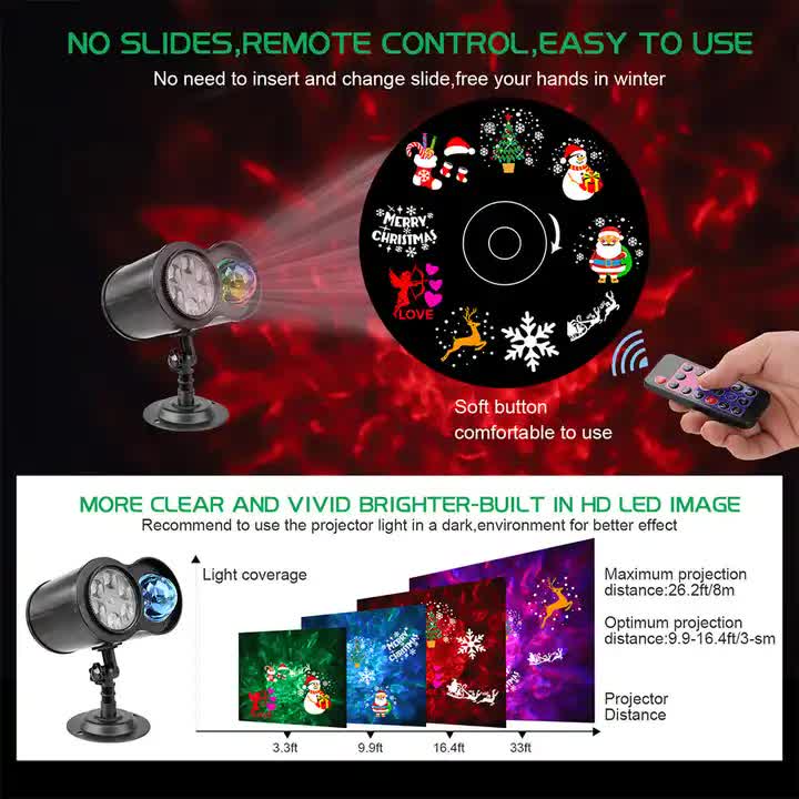 Bracket Outdoor Waterproof Lawn Dual-Tube Projection Light – LED Halloween & Christmas Dynamic Water Ripple Animation, Replaceable 12 Slides, Stake or Stand Mountable