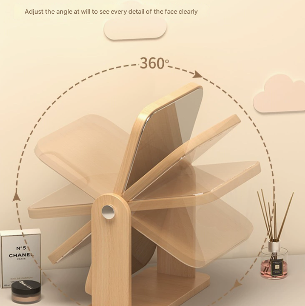 Horizontal Square Folding Mirror Tabletop Makeup Mirror - Large Wooden Swivel Vanity Mirror for Desk