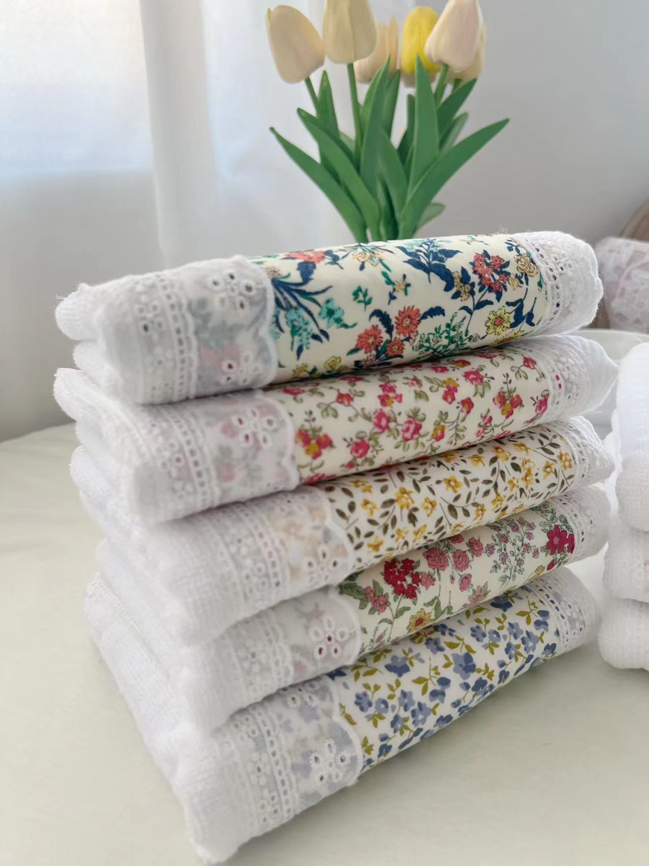 2 PCS Yellow Small Flower A 100% Cotton Solid Color Thickened Adult Face Towel with Floral Soft Texture - 35 x 75cm