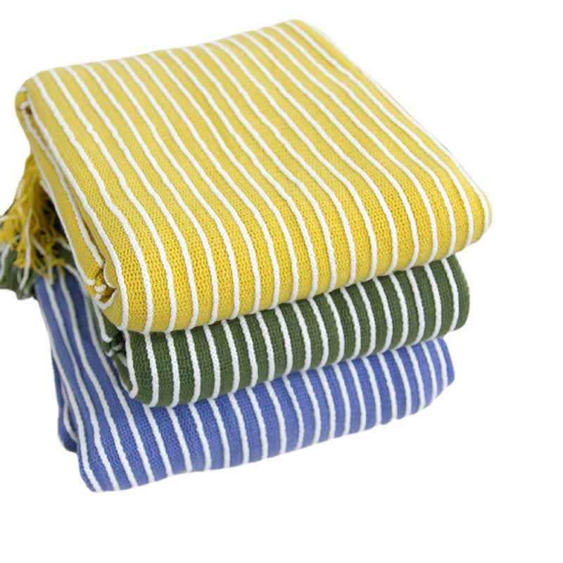 Green Cozy Knit Throw Blanket with Fringe - Stylish Striped Bed End Cover, 127x170CM