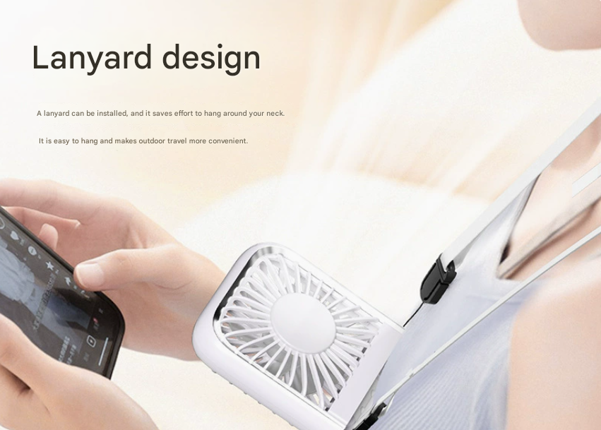 Pink Portable Cooling Fan with Neck Lanyard & Phone Stand - USB Rechargeable