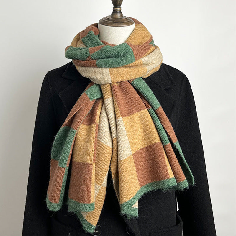 Coffee,Brown And Beige Unisex Retro Checkered Knit Scarf - Soft Thick Winter Shawl Wrap