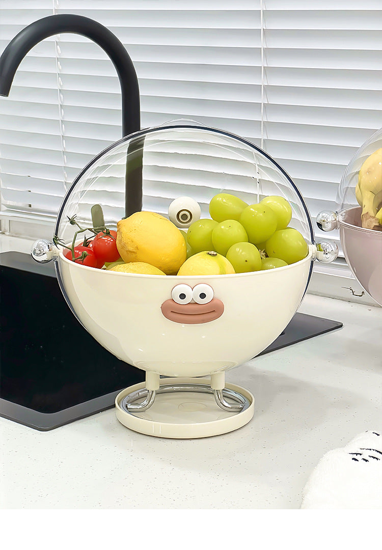 Pink Whimsical Covered Fruit Bowl with Flip Lid & Drainer - Cute Design Snack & Candy Dish for Living Room