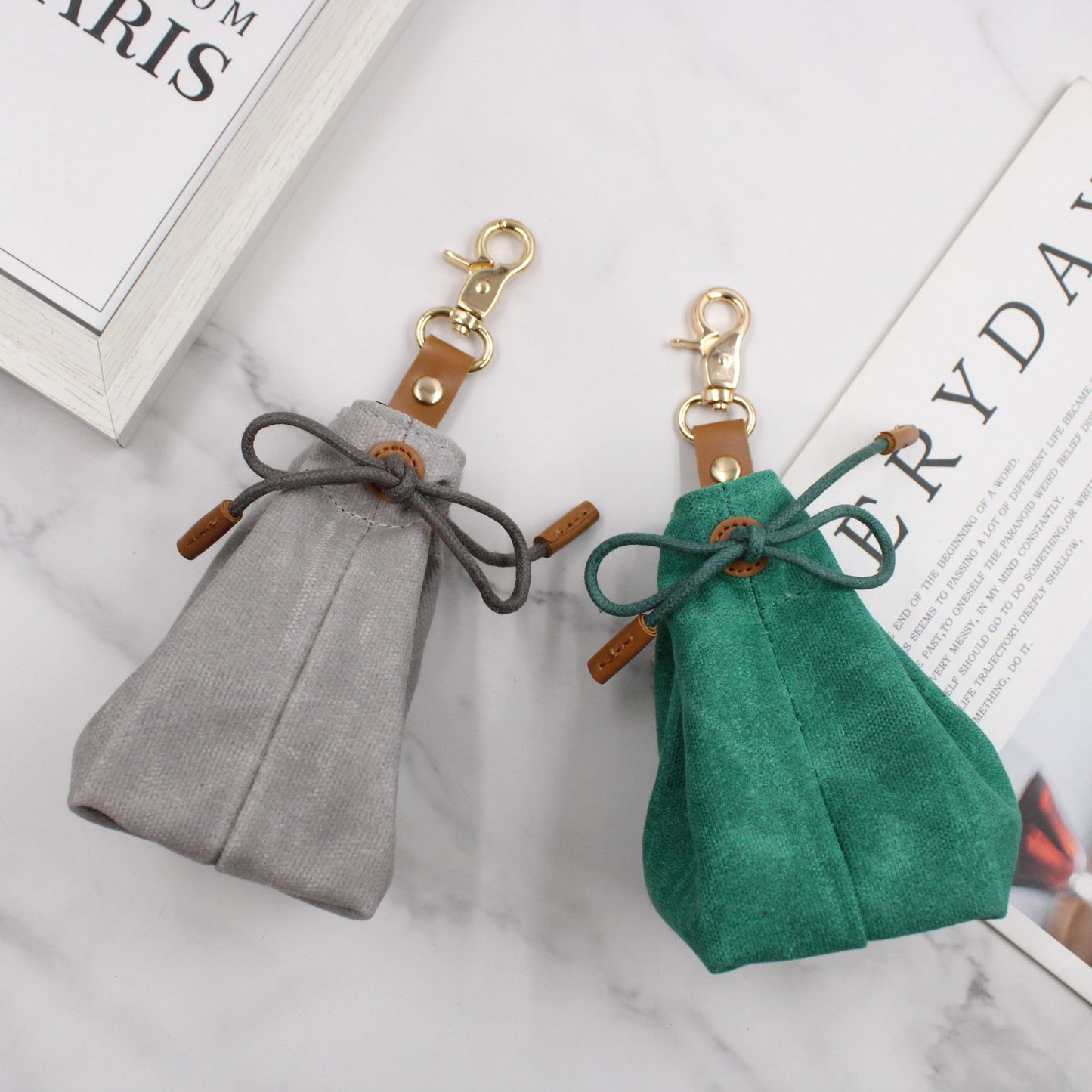 2-PCS Brown Clip-On Canvas Dog Treat Pouch - Portable Drawstring Bag for Training & Walks