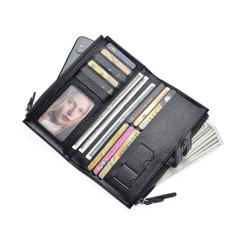 Brown Men's Vintage PU Leather Long Wallet - High Capacity Dual Zipper Clutch with Phone & Card Slots
