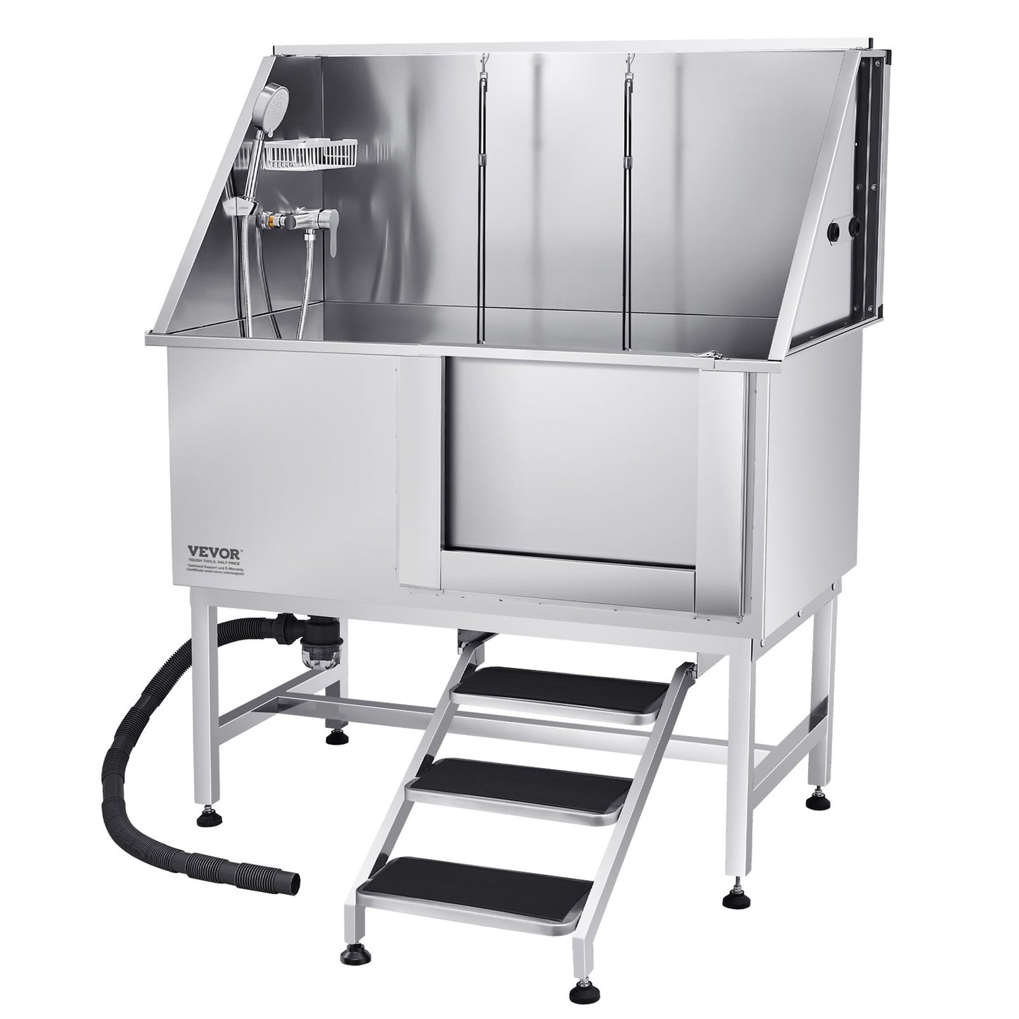 VEVOR 127 cm Dog Grooming Bath Tub Stainless Steel w Stairs Water Filter