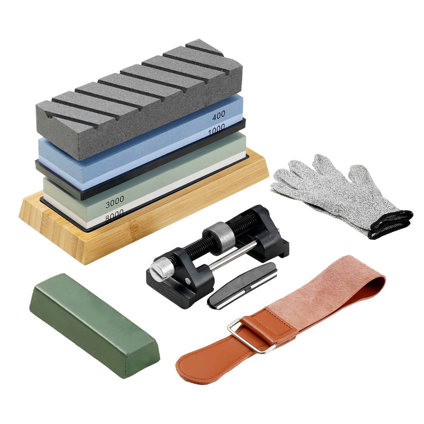VEVOR Whetstone Knife Sharpening Kit, 2 Dual-Sided Grit Whetstones 400/1000 3000/8000, 10PCS Knife Sharpener Kit with 3 Non-Slip Bases, Angle & Honing Guide, Flattening Stone for All Knives, Scissors