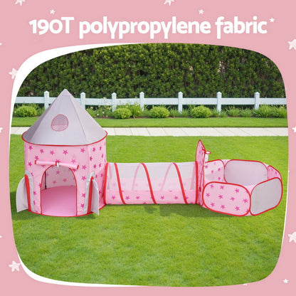 Keezi Kids Playhouse Play Tent Pop Up Castle Crawl Tunnel Basketball Hoop Pink