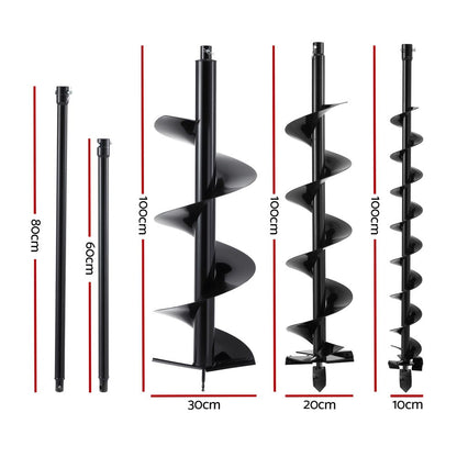 Giantz Post Hole Digger Auger Drill Bit Set 100mm 200mm 300mm Carbon Steel Black