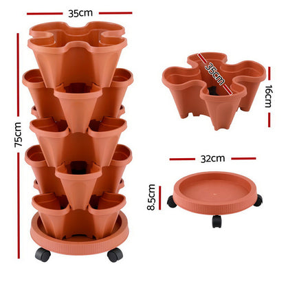Green Fingers Raised Garden Bed 5 Tier Vertical Garden Brick Red Strawberry Stackable Planters Herbs Petunias