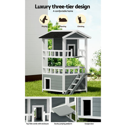 i.Pet Outdoor Cat House Shelter 72cm x 72cm x 127cm Rabbit Hutch Wooden Condo Small Outdoor Cat House