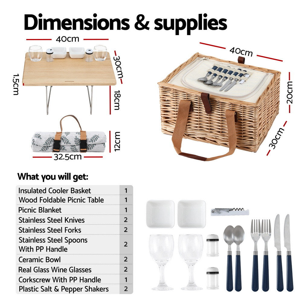 Alfresco 2 Person Picnic Basket Set with Table Blanket Cooler Wooden Insulated