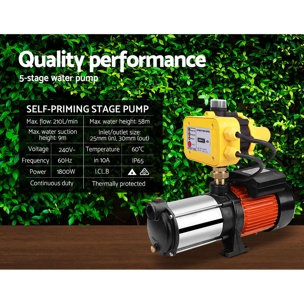 Giantz Garden Water Pump High Pressure 1800W 5-Stage Tank Irrigation Yellow