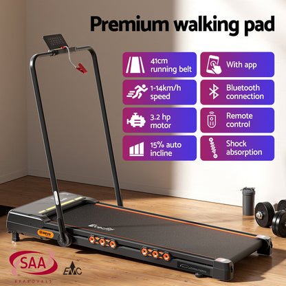 Everfit Treadmill Electric Walking Pad Auto Incline Foldable for Home Gym Black