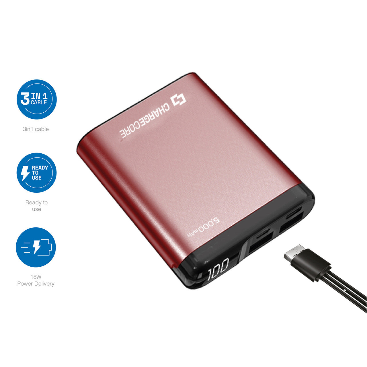 Laser 5000mAh Power Bank LED Display Red