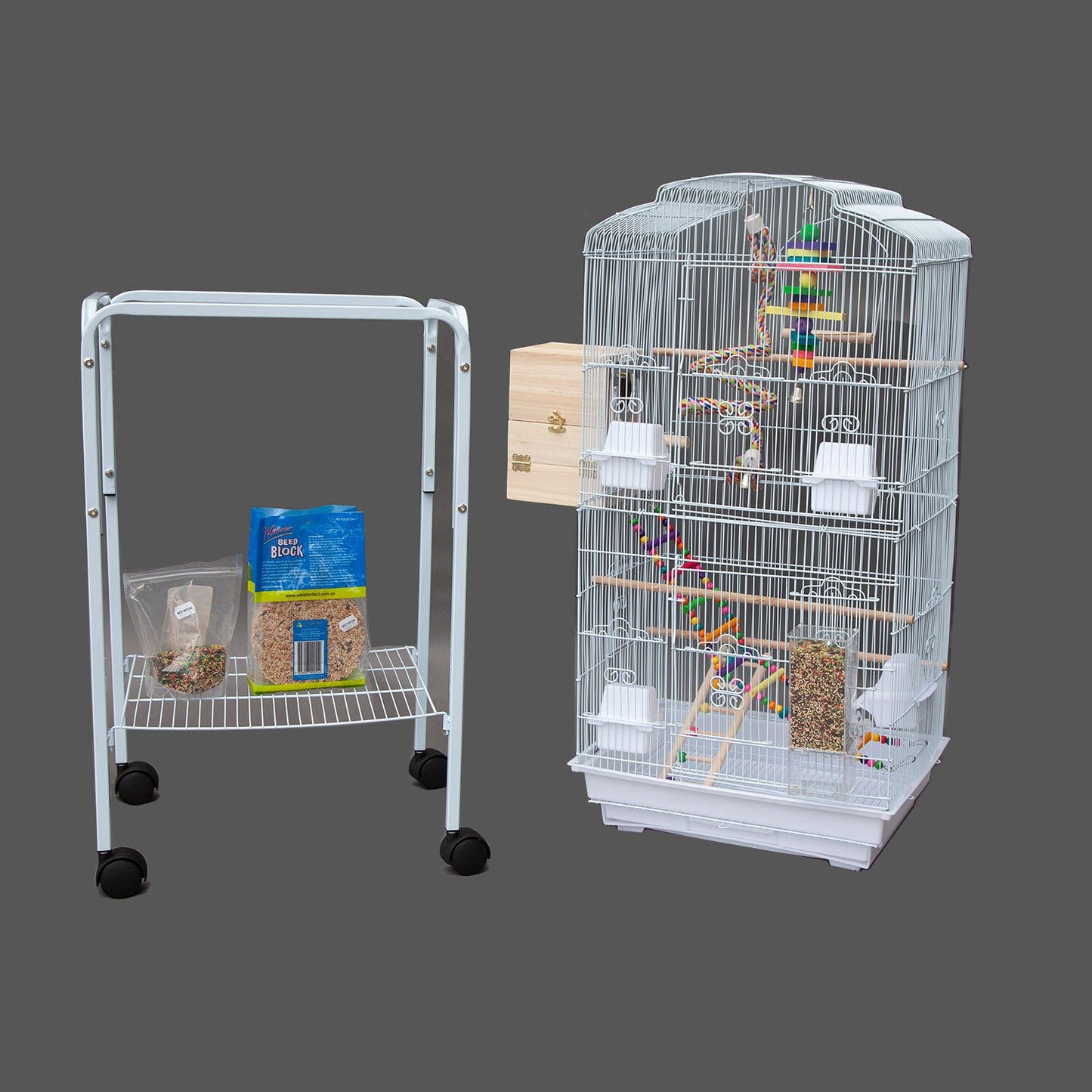 Samland DOME TOP HIGH BIRD CAGE ON STAND WITH PLAY TOYS WHITE