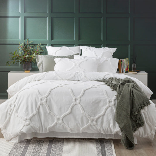 Moroccan 100% Cotton Chenille Vintage Washed Tufted White Quilt Cover Set by Renee Taylor Queen
