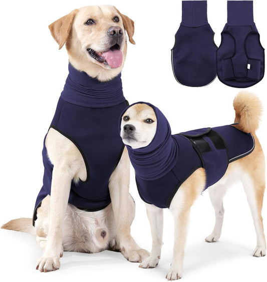 Dog Anxiety Vest and Coat, Vet Visits and Separation - Keep Pet Calm, Dog Jacket for Thunder, Fireworks, Anti Anxiety Vest for Dogs and Cat Body and Ear, Dark Blue, L