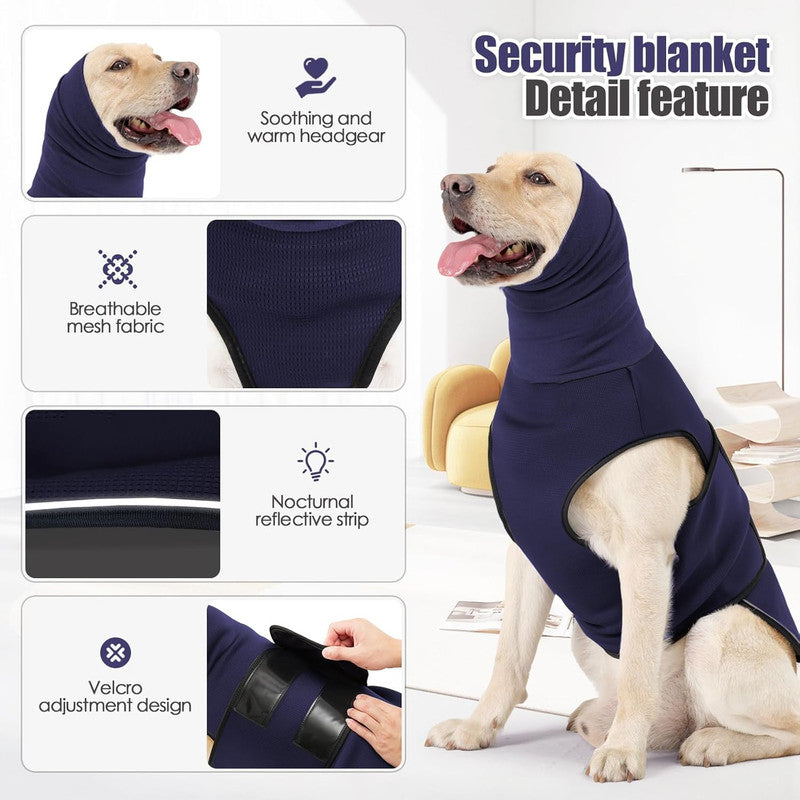 Dog Anxiety Vest and Coat, Vet Visits and Separation - Keep Pet Calm, Dog Jacket for Thunder, Fireworks, Anti Anxiety Vest for Dogs and Cat Body and Ear, Dark Blue, L