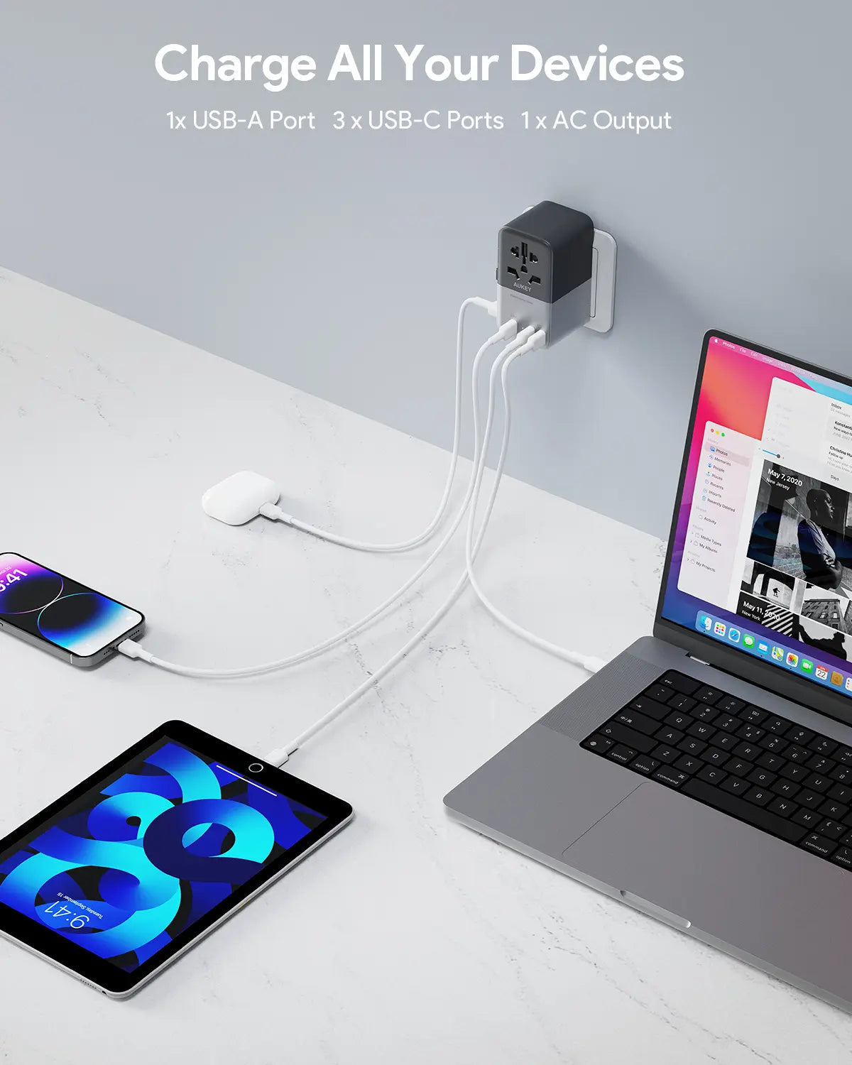 Aukey Travel Mate 100W GaN Universal Adapter with USB ports (PA-TA09A)