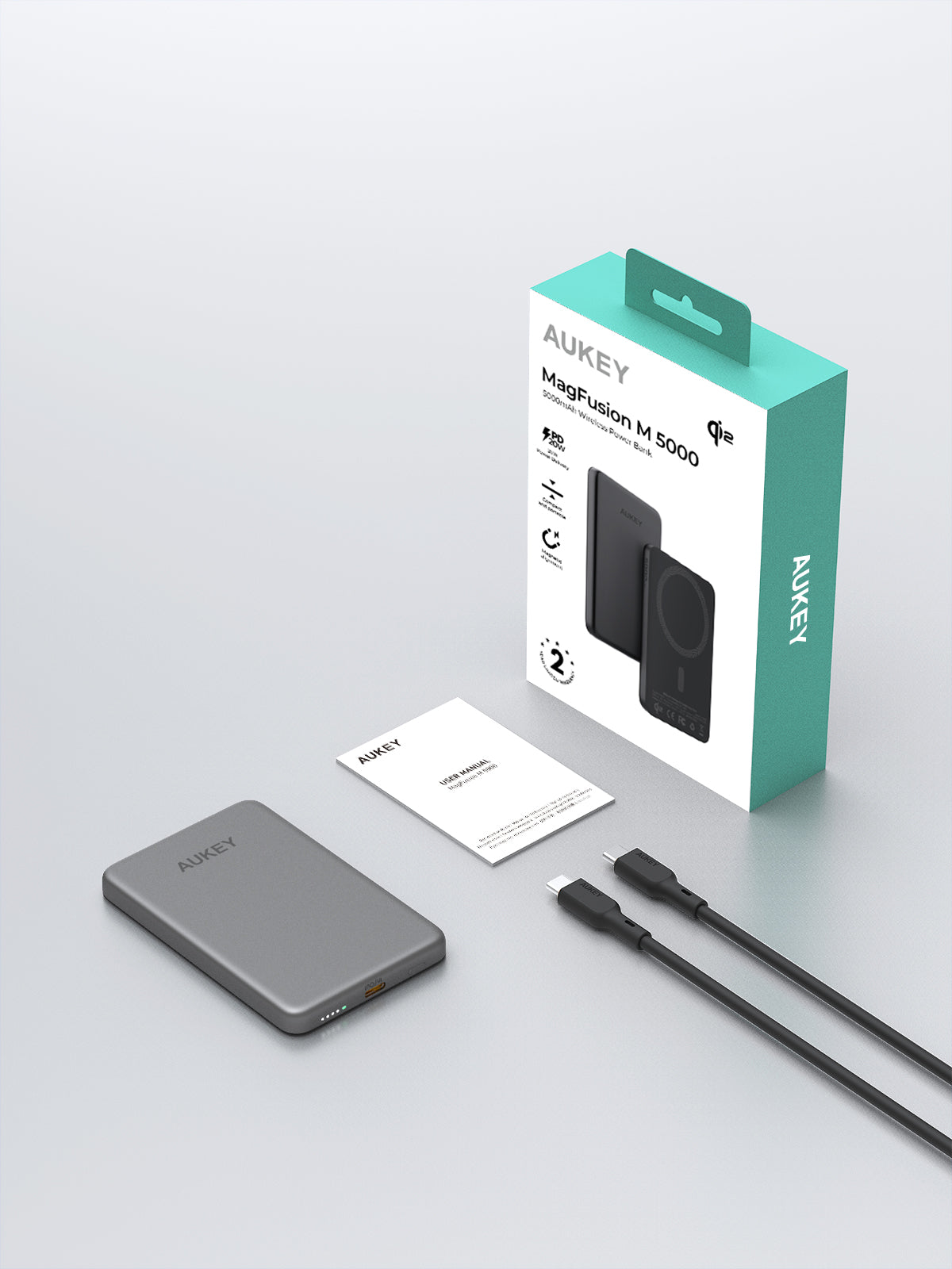Aukey MagFusion M Qi2 5000mAh Magnetic Wireless Power Bank - Grey (PB-MS07)