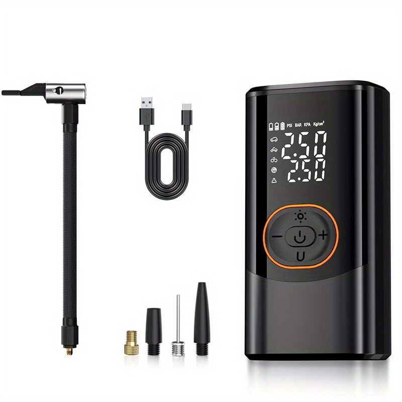 Portable air compressor for tires with digital pressure gauge, 150PSI rechargeable battery, LED light, wireless bicycle tire pump for cars, motorcycles, bicycles, etc., black