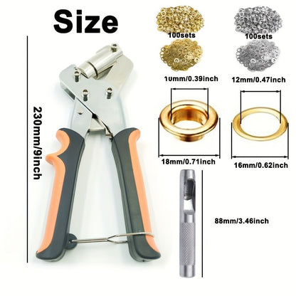 Complete eyelet punch set with 200 10mm rings - Perfect for DIY tarps, faux leather, and waterproof fabric projects, sewing and crafting essentials