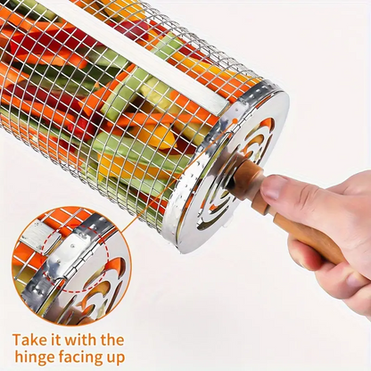 2-Pack Stainless Steel Rotating Grill Baskets with Removable Wooden Handle – Durable 304 Mesh for Veggies, Prawns & More – Perfect for BBQ, Camping & Outdoor Cooking, Great Gift for Dad or Husband