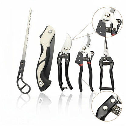 Heavy-Duty 5-Piece Gardening Tool Set – 3 Pruning Shears & 2 Folding Saws, Stainless Steel Blades, Ergonomic Handles, Compact Storage – Ideal for Trees, Shrubs, Camping, and Gift-Giving