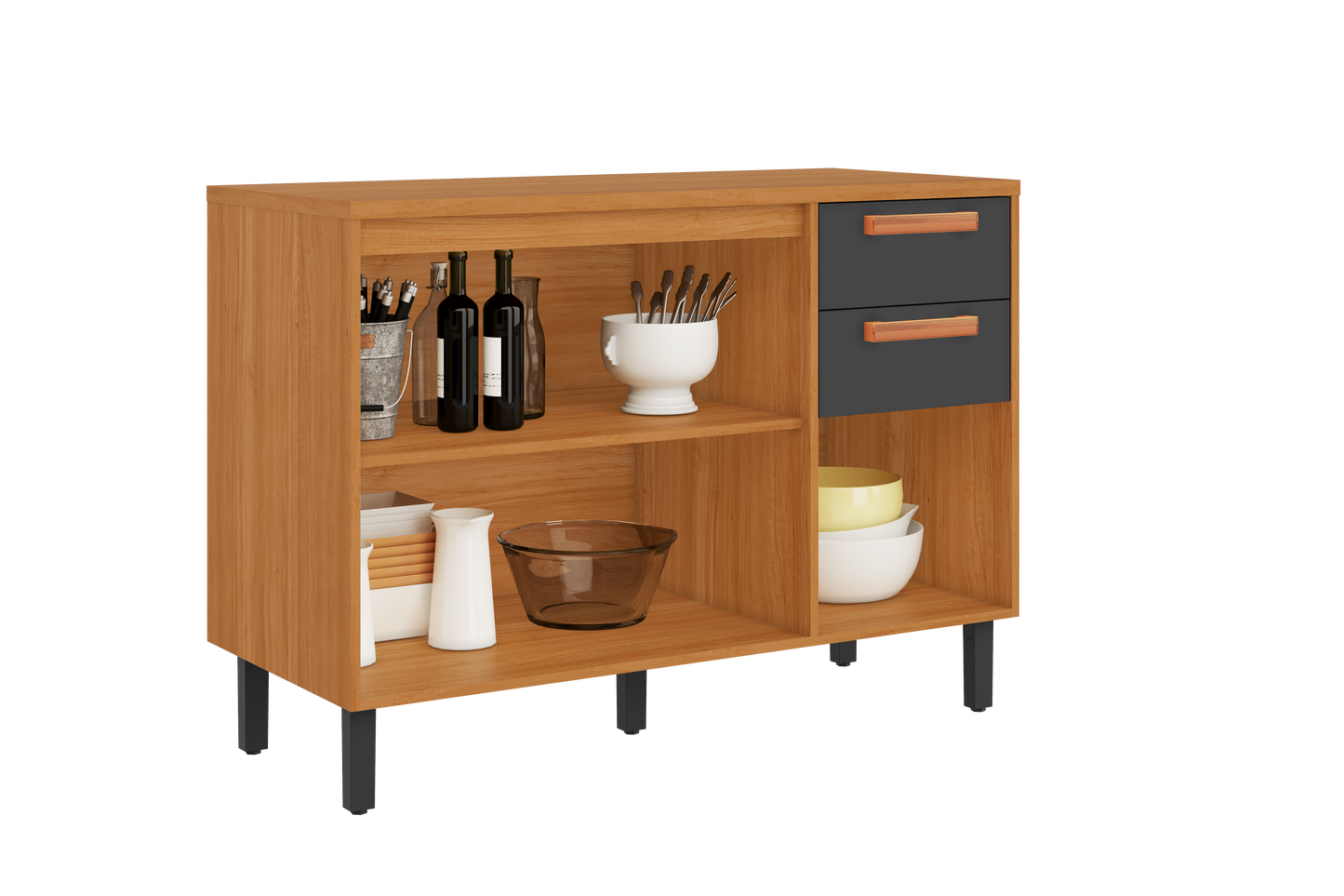 Base Kitchen Wooden Cabinet/Cupboard with 3 Doors + 2 Drawers in Cinnamon Finish - Napoles White/ Graphite Flat Pack DIY