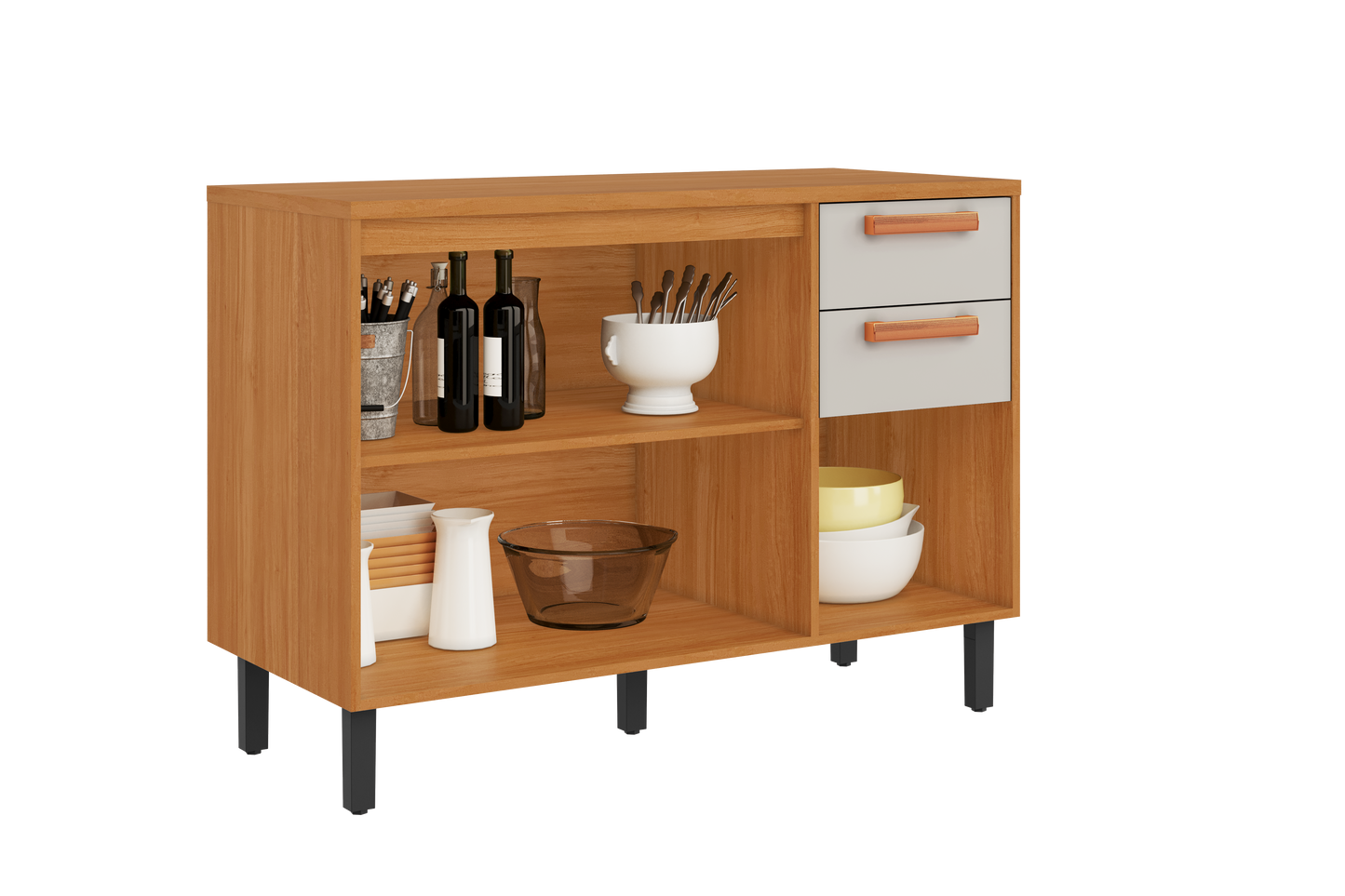 Base Kitchen Wooden Cabinet/Cupboard with 3 Doors + 2 Drawers in Cinnamon Finish - Napoles White/ Graphite Flat Pack DIY