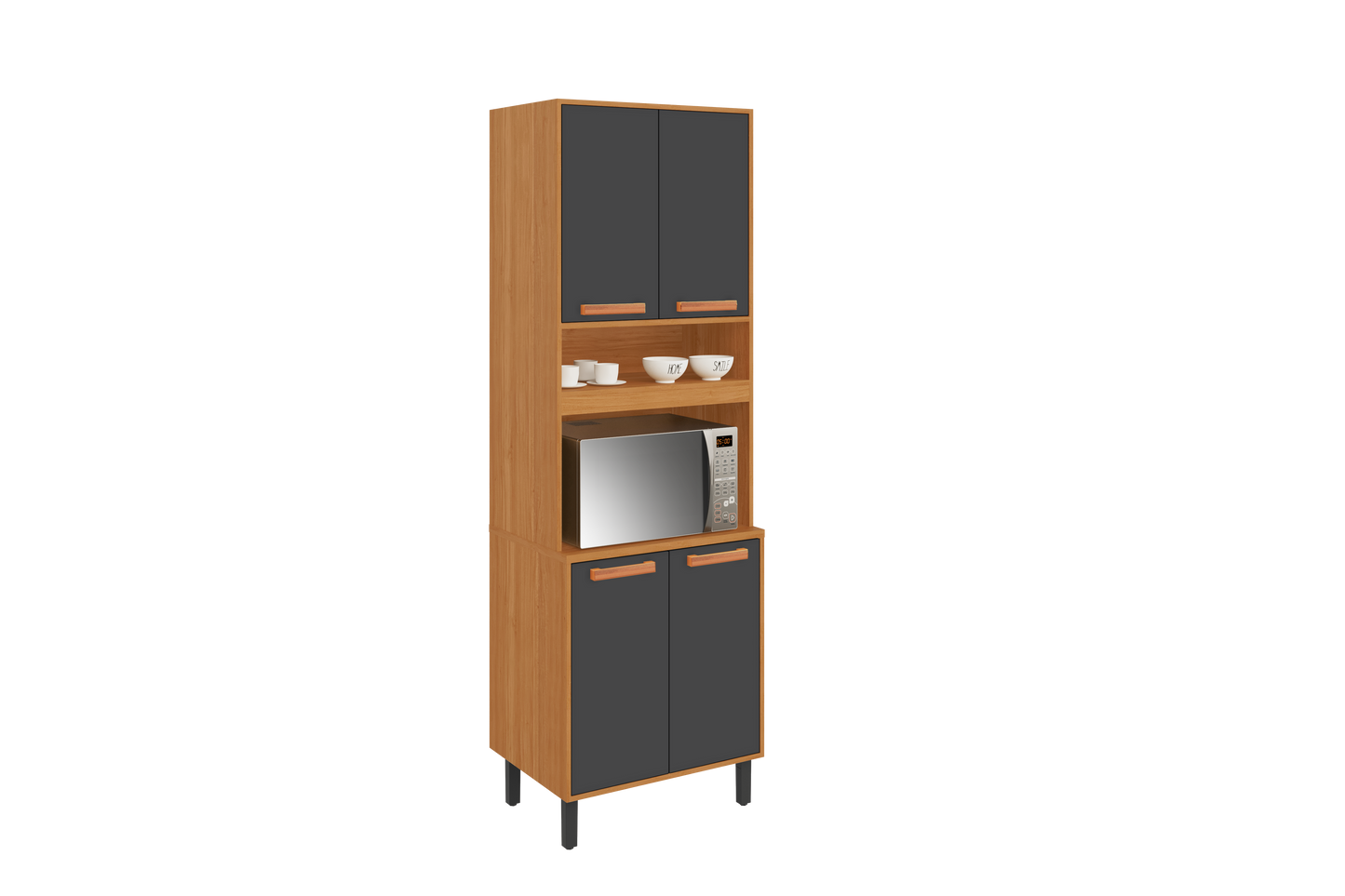 Flat Pack DIY Wooden Kitchen Cupboard/Pantry with 4 Doors + 6 Shelves in White/ Graphite and Cinnamon Finish - Napoles