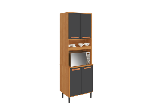 Flat Pack DIY Wooden Kitchen Cupboard/Pantry with 4 Doors + 6 Shelves in White/ Graphite and Cinnamon Finish - Napoles