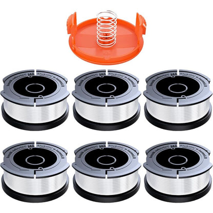 Black & Decker Trimmer Replacement Spools - 6 Pieces of 1.65mm Line, 10m Each, Includes Extra Spring & Cap